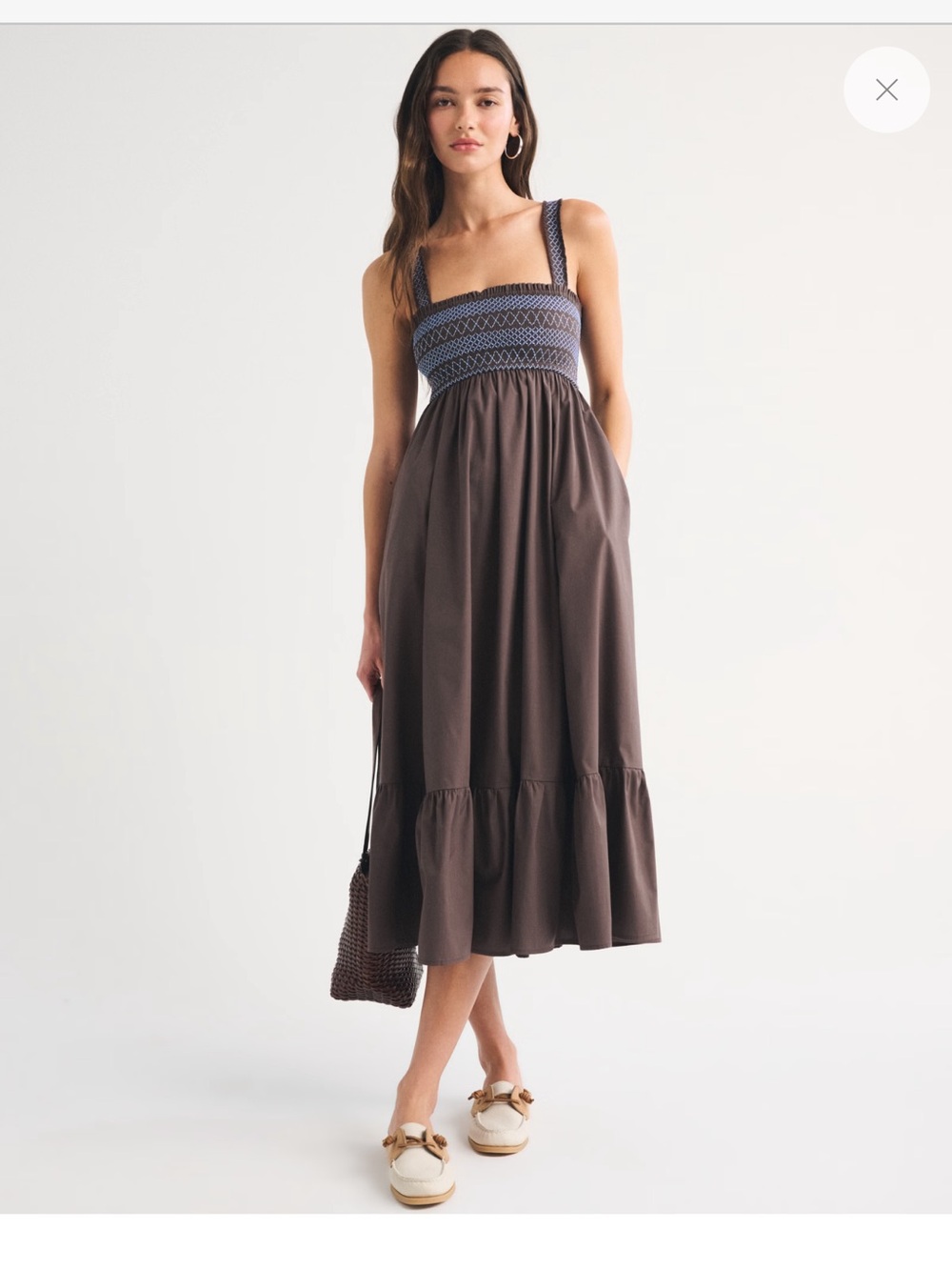 Smocked Bodice Brown Midi Skirt with Tiered Hem